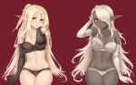  2girls arm_up bare_shoulders black_bra black_gloves black_panties blonde_hair blush bra breasts cleavage collarbone colored_skin commentary_request dark-skinned_female dark_elf dark_skin earrings elbow_gloves elf gloves green_eyes grey_skin hair_over_one_eye jewelry kazabuki_poni lace lace-trimmed_bra lace-trimmed_panties lace_trim large_breasts lips long_hair looking_at_viewer multiple_girls navel panties parted_lips pointy_ears ponytail purple_eyes red_background sekaiju_no_meikyuu sekaiju_no_meikyuu_5 simple_background sitting underwear underwear_only very_long_hair warlock_(sekaiju) white_bra white_gloves white_hair white_panties 