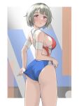  1girl absurdres adjusting_clothes adjusting_swimsuit ass bangs blush breasts competition_swimsuit eyebrows_visible_through_hair grey_hair highres large_breasts looking_at_viewer mashinatsu one-piece_swimsuit original profile red_eyes short_hair solo swimsuit 