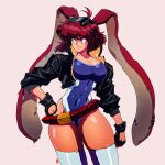  1990s_(style) 1girl ahoge animal_ears babs_(battle_athlete) belt black_gloves black_jacket blue_eyes blue_leotard bomber_jacket borrowed_character breasts brown_hair bunny_ears cleavage commission contrapposto cropped_jacket david_liu english_commentary eyewear_on_head fingerless_gloves gloves highleg highres jacket large_breasts leotard looking_to_the_side loose_belt original popped_collar retro_artstyle short_hair solo standing sunglasses tan thick_thighs thighhighs thighs very_long_ears white_background white_legwear 