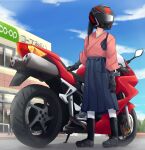  1girl black_footwear black_gloves black_hair blue_hakama boots cloud day gloves ground_vehicle hakama helmet houshou_(kancolle) japanese_clothes kakizaki_(chou_neji) kantai_collection kimono long_hair motor_vehicle motorcycle motorcycle_helmet outdoors pantyhose ponytail shop sign sky solo standing tasuki tire vehicle_request white_legwear 