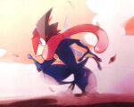  ame_(ame025) ash-greninja blurry bright_pupils commentary_request from_side full_body gen_6_pokemon greninja kneeling leaves_in_wind pokemon pokemon_(creature) red_eyes shuriken smoke solo tongue white_pupils 