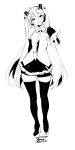  1girl bare_shoulders breasts detached_sleeves ejami greyscale hair_ornament hatsune_miku highres long_hair looking_at_viewer monochrome necktie simple_background skirt smile solo thighhighs twintails very_long_hair vocaloid white_background 