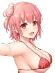  1girl absurdres bangs bikini breasts cleavage commentary eyebrows_visible_through_hair from_side halterneck highres inanaki_shiki large_breasts looking_at_viewer open_mouth pink_bikini pink_eyes pink_hair short_hair side_bun simple_background smile solo swimsuit upper_body white_background yahari_ore_no_seishun_lovecome_wa_machigatteiru. yuigahama_yui 