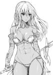  1girl abs armor bikini_armor breasts closed_mouth contrapposto copyright_request gauntlets holding holding_weapon jewelry kojima_saya long_hair medium_breasts navel necklace simple_background solo standing toned weapon white_background 