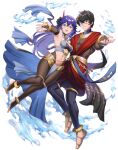  1boy 1girl alternate_costume amamiya_ren armlet armpits bangs bare_shoulders black_hair blue_eyes blue_hair blush bracelet breasts burnt_green_tea circlet cleavage cosplay dancer dorothea_arnault dorothea_arnault_(cosplay) earrings fingerless_gloves fire_emblem fire_emblem_awakening fire_emblem_heroes glasses gloves hair_between_eyes highres jewelry long_hair looking_at_viewer lucina_(fire_emblem) medium_breasts midriff necklace open_mouth persona persona_5 short_hair simple_background smile super_smash_bros. tiara 