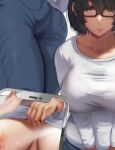  1girl ass bangs black-framed_eyewear black_hair blue_pants breasts cellphone clothes_lift from_below glasses holding holding_phone large_breasts nohito original pants phone shirt shirt_lift short_hair smartphone white_shirt 