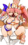  2girls :d animal_ear_fluff animal_ears areola_slip areolae ass asymmetrical_docking bandeau belt blue_bow boots bow breast_press breasts claws covered_nipples cropped_jacket fang fate/grand_order fate_(series) fox_ears fox_shadow_puppet fox_tail gloves hair_bow high_heel_boots high_heels jacket kojima_saya large_breasts long_hair looking_at_viewer microskirt multiple_girls open_clothes open_jacket open_mouth panties paw_boots paw_gloves paws pink_hair ponytail purple_skirt red_skirt simple_background skin_fang skirt smile standing standing_on_one_leg tail tamamo_(fate)_(all) tamamo_cat_(fate) tamamo_no_mae_(fate) thigh_boots thighhighs thong twintails underwear white_background white_belt white_footwear white_jacket white_legwear white_panties yellow_eyes 