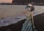  1girl bare_shoulders beach black_hair blue_eyes blue_hair blush breasts cleavage closed_mouth collarbone colored_inner_hair dress fujikawa_daichi garie_tuman looking_at_viewer multicolored_hair ocean outdoors senki_zesshou_symphogear shiny shiny_hair short_hair small_breasts smile solo standing sundress white_dress 