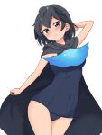  1girl absurdres adapted_costume bare_arms bare_legs bird_girl bird_tail bird_wings black_cape black_hair blue_eyes blue_neckwear blue_swimsuit blush cape commentary cowboy_shot eyebrows_visible_through_hair greater_lophorina_(kemono_friends) head_wings highres kemono_friends one-piece_swimsuit school_swimsuit shiraha_maru short_hair simple_background smile solo swimsuit white_background wings 