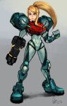  1girl alex_ahad arm_cannon blonde_hair clenched_hand full_body grey_background highres looking_at_viewer metroid metroid_dread mole mole_under_mouth ponytail power_armor samus_aran solo standing weapon 