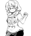  1girl abs berusuke_(beru_no_su) commentary_request eyebrows_visible_through_hair glasses greyscale looking_at_viewer monochrome shirt short_sleeves simple_background solo sweatdrop touhou translation_request two_side_up upper_body usami_sumireko white_background 