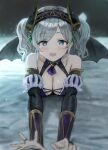  1girl :d akari_(princess_connect!) arm_warmers bangs bat_wings black_wings blue_eyes blurry blurry_foreground breasts cleavage grey_hair headband highres large_breasts lying on_stomach open_mouth parted_bangs princess_connect! smile sonchi wings 