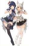  2girls :d akizone animal_ears arm_strap armpits au_ra bangs bare_shoulders black_gloves black_legwear black_skirt blue_hair breasts brown_eyes cheeze_(akizone) eyebrows_visible_through_hair final_fantasy final_fantasy_xiv flower gloves hair_between_eyes hat highres holding holding_microphone layered_skirt looking_at_viewer medium_breasts microphone mini_hat miniskirt multiple_girls open_mouth original parted_bangs red_eyes red_flower red_rose renz_(rirene_rn) rose shirt short_hair sidelocks simple_background skirt sleeveless sleeveless_shirt smile thighhighs thighs v white_background white_gloves white_hair white_headwear white_legwear zettai_ryouiki 