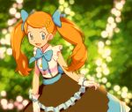  1girl :d alternate_hair_color ame_(ame025) blue_bow blue_eyes blue_ribbon blurry blurry_background bow brown_skirt buttons commentary_request eyelashes frills glove_bow gloves hair_ornament hair_ribbon hairclip light_blush long_hair necktie open_mouth orange_hair pokemon pokemon_(anime) pokemon_xy_(anime) ribbon serena_(pokemon) shirt skirt smile solo tongue twintails white_gloves white_shirt 