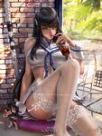  black_hair breasts drinking garter_straps green_eyes highres kill_la_kill kiryuuin_satsuki legs lingerie long_hair looking_at_viewer matoi_ryuuko panties sitting solo sword thighhighs underwear weapon white_legwear white_panties yam_spectrum 