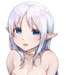  1girl bare_shoulders blue_eyes blue_hair breasts cleavage elf grey_choker grey_hair kazabuki_poni large_breasts long_hair looking_at_viewer original parted_lips pointy_ears simple_background solo upper_body white_background 