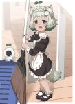  1girl 1other :d animal_ear_fluff animal_ears apron black_bow black_dress black_footwear bobby_socks bow braid broom collared_dress commission dress dustpan frilled_apron frilled_dress frills green_eyes green_hair heterochromia holding holding_broom indoors juliet_sleeves long_sleeves looking_at_viewer maid maid_apron maid_headdress minigirl open_mouth puffy_sleeves purple_eyes shoes skeb_commission smile socks solo_focus tail white_apron white_legwear wooden_floor yukie_(kusaka_shi) 