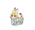  1girl :3 animal_ears bare_shoulders blonde_hair blush bow bowtie elbow_gloves extra_ears eyebrows_visible_through_hair gloves high-waist_skirt in_container kemono_friends print_gloves print_neckwear print_skirt san_sami serval_(kemono_friends) serval_ears serval_girl serval_print serval_tail shirt short_hair skirt sleeveless solo tail thighhighs white_background white_shirt yellow_eyes zettai_ryouiki 