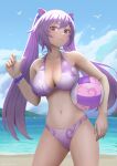  1girl ball bare_shoulders beach beachball bikini blue_sky braid breasts cleavage cloud cowboy_shot double_bun echt genshin_impact hair_bun highres keqing_(genshin_impact) large_breasts looking_at_viewer navel ocean outdoors purple_bikini sky smile solo standing stomach swimsuit twintails wet 