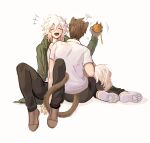  2boys :d ahoge animal_ears bangs brown_footwear brown_hair brown_pants cat_ears cat_tail closed_eyes commentary danganronpa_(series) danganronpa_2:_goodbye_despair dog_tail english_commentary facing_viewer flying_sweatdrops gabby_(moochisun) green_jacket grey_background hand_up happy highres holding jacket komaeda_nagito long_sleeves male_focus messy_hair multiple_boys open_clothes open_mouth pants shirt short_hair simple_background sitting smile squiggle tail upper_teeth white_hair white_shirt 