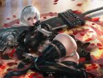  1girl ass blush breasts cleavage cleavage_cutout clothing_cutout hairband juliet_sleeves legs long_sleeves looking_at_viewer lying medium_hair nier_(series) nier_automata no_blindfold petals puffy_sleeves solo sword vambraces weapon white_hair yam_spectrum yorha_no._2_type_b 