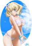  1girl artist_name bikini blonde_hair blue_eyes blue_sky bracelet breasts cloud colorado_(kancolle) commentary_request covered_nipples cowboy_shot hairband highres jewelry kantai_collection large_breasts leaning_forward looking_at_viewer short_hair side-tie_bikini side_braids sky smile solo standing swimsuit t2r white_bikini white_hairband 