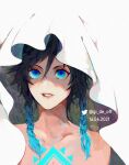  1boy androgynous bangs black_hair blue_eyes blue_hair braid chest_tattoo collarbone dated english_commentary genshin_impact gi_de_off gradient_hair highres hood hood_up looking_at_viewer male_focus multicolored_hair open_mouth short_hair_with_long_locks simple_background smile solo symbol_commentary tattoo twin_braids twitter_logo twitter_username venti_(genshin_impact) 