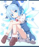  1girl absurdres ahoge bangs blue_bow blue_eyes blue_hair bow bowtie brown_footwear cirno commentary_request do_(4-rt) eyebrows_visible_through_hair eyes_visible_through_hair full_body hair_bow head_tilt highres ice ice_wings large_bow looking_away puffy_short_sleeves puffy_sleeves red_neckwear shoes short_hair short_sleeves simple_background sitting solo touhou wings 
