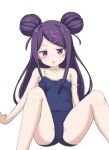  1girl :o bangs bare_arms bare_shoulders blue_swimsuit blush collarbone covered_navel double_bun feet_out_of_frame hair_ornament heart heart_hair_ornament highres hippo_(hirople) knees_up looking_at_viewer ochikobore_fruit_tart one-piece_swimsuit parted_lips purple_eyes purple_hair school_swimsuit sekino_roko simple_background sitting solo strap_slip swept_bangs swimsuit white_background 