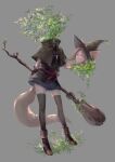  1girl :3 absurdres animal_ears broom brown_hair capelet dress ears_through_headwear eyes full_body green_eyes hat headless highres holding holding_broom holding_head nira_(nira_box) original plant round_eyewear shoes simple_background solo standing tail thighhighs witch witch_hat 