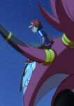  1boy ame_(ame025) ash_ketchum baseball_cap black_gloves black_hair blue_jacket closed_mouth fingerless_gloves from_side gen_6_pokemon gloves grey_pants hat hoopa hoopa_(unbound) jacket male_focus mythical_pokemon night outdoors pants pokemon pokemon_(anime) pokemon_(creature) pokemon_xy_(anime) red_footwear red_headwear shoes short_hair short_sleeves sitting sky star_(symbol) 
