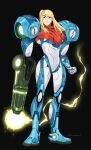  1girl amithompson_h arm_cannon armor bangs blonde_hair blue_eyes glowing highres long_hair looking_at_viewer metroid metroid_dread ponytail power_armor samus_aran science_fiction sidelocks simple_background solo upper_body varia_suit weapon 