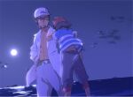  2boys abs ame_(ame025) ash_ketchum baseball_cap black_eyes closed_mouth cloud commentary_request facial_hair glasses grey_pants hand_on_another&#039;s_head hat kukui_(pokemon) labcoat looking_down male_focus moon multiple_boys night outdoors pants pokemon pokemon_(anime) pokemon_sm_(anime) reflection semi-rimless_eyewear shirt short_sleeves sky smile standing striped striped_shirt water white_headwear 