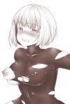  1girl blush bob_cut bodysuit breasts clenched_teeth copyright_request greyscale kazabuki_poni large_breasts looking_at_viewer monochrome nipples short_hair simple_background solo tears teeth torn_bodysuit torn_clothes white_background 
