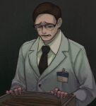  1boy brown_eyes brown_hair crying crying_with_eyes_open edward_nygma glasses gotham gotham_(series) hachiyume highres open_mouth sad short_hair simple_background sobbing solo streaming_tears tears trembling 
