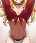  1girl black_choker blonde_hair breasts brown_background choker cleavage collarbone eyebrows_visible_through_hair fate/apocrypha fate_(series) gradient gradient_background highres long_hair looking_at_viewer medium_breasts midriff mordred_(fate) mordred_(fate)_(all) navel red_shirt shirt simple_background smile solo tied_shirt tonee white_background 