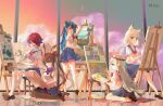  5girls :d :p absurdres amiya_(arknights) animal_ear_fluff animal_ears arknights artist_name blue_eyes blue_hair blue_sailor_collar blue_skirt bow breasts brown_footwear brown_hair brown_legwear bunny_ears canvas_(object) closed_mouth clothing_cutout commentary_request dated easel exusiai_(arknights) eyebrows_visible_through_hair full_body green_eyes hair_between_eyes hair_over_one_eye halo highres holding holding_paintbrush holding_palette holding_paper horns hoshiguma_(arknights) indoors kal&#039;tsit_(arknights) loafers long_hair looking_at_viewer lynx_ears medium_breasts miniskirt mostima_(arknights) multiple_girls open_mouth paintbrush painting painting_(object) palette pantyhose paper purple_neckwear red_bow red_eyes red_hair sailor_collar school_uniform serafuku shirt shoes short_hair short_sleeves silver_hair sitting skadi_(arknights) skirt sky sleeveless sleeveless_shirt smile socks standing stool thighhighs tongue tongue_out twintails very_long_hair white_legwear white_shirt window yvettechou 