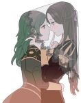  2girls anselma_von_arundel bang_gu9 fire_emblem fire_emblem:_three_houses green_eyes green_hair grey_eyes grey_hair highres hug long_hair multiple_girls pointing_at_another sitri_(fire_emblem) veil what_if yuri 