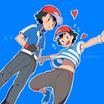 2boys :d ame_(ame025) ash_ketchum bangs baseball_cap black_hair blue_background blue_footwear blue_jacket brown_eyes brown_pants collared_jacket commentary_request copyright_name dual_persona grey_pants hat heart holding holding_poke_ball jacket looking_at_viewer looking_down male_focus multiple_boys open_mouth outline pants parted_lips poke_ball poke_ball_(basic) pokemon pokemon_(anime) pokemon_sm_(anime) pokemon_xy_(anime) popped_collar red_headwear shirt shoes short_hair short_sleeves simple_background smile striped striped_shirt t-shirt tongue 
