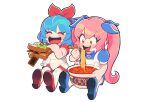  2girls apron aqua_hair dress food gashi-gashi headband long_hair omega_ray omega_rio omega_sisters orange_eyes pink_hair short_hair thighhighs twintails white 