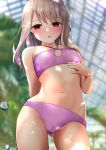  1girl :o air_bubble arm_behind_back ass_visible_through_thighs bangs bare_shoulders bikini black_eyes blurry blurry_background blush bubble cameltoe cowboy_shot eyebrows_visible_through_hair fate/kaleid_liner_prisma_illya fate_(series) groin hair_strand highres illyasviel_von_einzbern kuro_yanagi long_hair looking_at_viewer messy_hair midriff navel open_mouth purple_bikini see-through sidelocks solo standing swimsuit thighs wet white_hair 