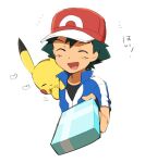  1boy ame_(ame025) ash_ketchum bangs baseball_cap black_gloves black_shirt blue_jacket box collared_jacket commentary_request eating facing_viewer fingerless_gloves food food_on_face gen_1_pokemon gloves green_hair hat heart holding holding_box incoming_gift jacket male_focus on_shoulder open_mouth pikachu pokemon pokemon_(anime) pokemon_(creature) pokemon_on_shoulder pokemon_xy_(anime) popped_collar red_headwear shirt short_hair short_sleeves simple_background smile tongue white_background |d 