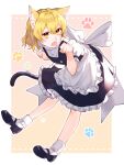  1girl animal_ears apron black_dress black_footwear blonde_hair bobby_socks bow buttons cat_ears dress frilled_dress frills full_body highres jill_07km kirisame_marisa mary_janes open_mouth paw_pose puffy_sleeves shoes short_hair short_sleeves simple_background socks touhou waist_apron white_bow white_legwear yellow_eyes 