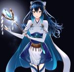  1girl alternate_costume ameno_(a_meno0) aqua_bow bangs blue_eyes blue_hair bow breasts cape commentary_request cosplay elbow_gloves fire_emblem fire_emblem_awakening floating_cape floating_hair gloves hair_between_eyes hair_bow hair_ornament japanese_clothes long_hair looking_at_viewer lucina_(fire_emblem) nontraditional_miko sakura_(fire_emblem) sidelocks simple_background slim_legs small_breasts solo staff standing striped striped_bow symbol-shaped_pupils thighhighs white_gloves white_legwear zettai_ryouiki 
