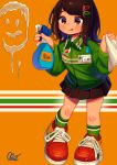  1girl 7-eleven absurdres black_eyes black_hair black_skirt blush collared_shirt full_body green_legwear green_shirt hair_ornament hairclip highres holding huge_filesize long_hair moai_(more_e_4km) name_tag orange_background original pleated_skirt print_shirt red_footwear shirt shoes signature skirt socks solo standing striped striped_background uniform 