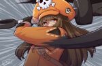  1girl anchor belt brown_eyes brown_hair fingerless_gloves gloves guilty_gear guilty_gear_strive hat highres holding holding_weapon long_hair looking_at_viewer luxu may_(guilty_gear) orange_headwear pirate pirate_hat pov skull_and_crossbones solo swinging weapon 