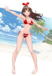  1girl :d absurdres armpits ass_visible_through_thighs bare_arms bare_legs bare_shoulders barefoot beach bikini blush bow bow_hairband breasts brown_hair clothes_writing collarbone day full_body gibun_(sozoshu) green_eyes hairband highres horizon kizuna_ai kizuna_ai_inc. looking_at_viewer medium_breasts multicolored_hair navel ocean open_mouth outdoors outstretched_arms palm_tree pigeon-toed red_bikini red_bow red_hair side-tie_bikini smile solo standing stomach streaked_hair swimsuit tree two-tone_hair upper_teeth water 