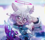  1girl ahoge animal_ear_fluff animal_ears aqua_nails aqua_ribbon arm_up blurry blurry_background character_request fang hair_ornament halo hand_up highres holding kunitarou-art looking_at_viewer multicolored_hair open_mouth pink_hair purple_eyes ribbon show_by_rock!! solo two-tone_hair upper_body white_hair 