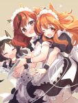  3girls absurdres alternate_costume animal_ears black_hair brown_eyes brown_hair closed_eyes commentary enmaided fang highres horse_ears horse_girl long_hair looking_at_viewer maid maid_headdress marvelous_sunday_(umamusume) mayano_top_gun_(umamusume) multiple_girls nice_nature_(umamusume) one_eye_closed open_mouth ouri_(aya_pine) simple_background symbol_commentary tray umamusume 