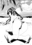  1girl absurdres all_fours ass beach bikini cloud earrings feet genshin_impact greyscale highres jewelry jin_amber looking_at_viewer looking_back mona_megistus monochrome palm_tree sand sandals sky solo swimsuit thighs tree 
